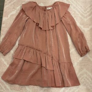 Zara Pink Long Sleeve Dress with Shawl Collar and Bias Ruffle Size 10